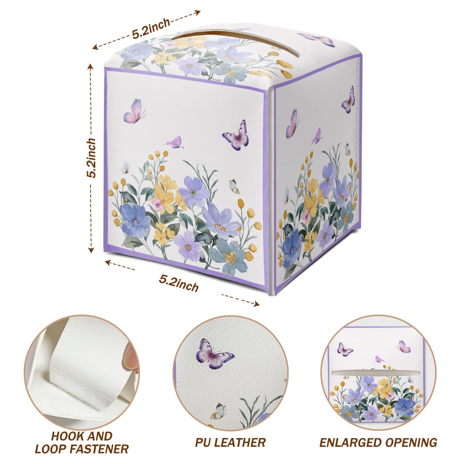 Butterfly Purple Floral Tissue Box Cover Square with Bottom Belt, Leather Waterproof Tissue Holder Facial Paper Case for Tabletop Home Office Bathroom Car Decor -08