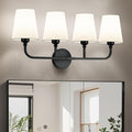 Bathroom Vanity Light, Matte Black Bathroom Light Fixtures, 4-Light Lighting Fixtures Over Mirror, Modern Wall Sconce with Flared White Fabric Shade, E26 Socket(ETL Listed)