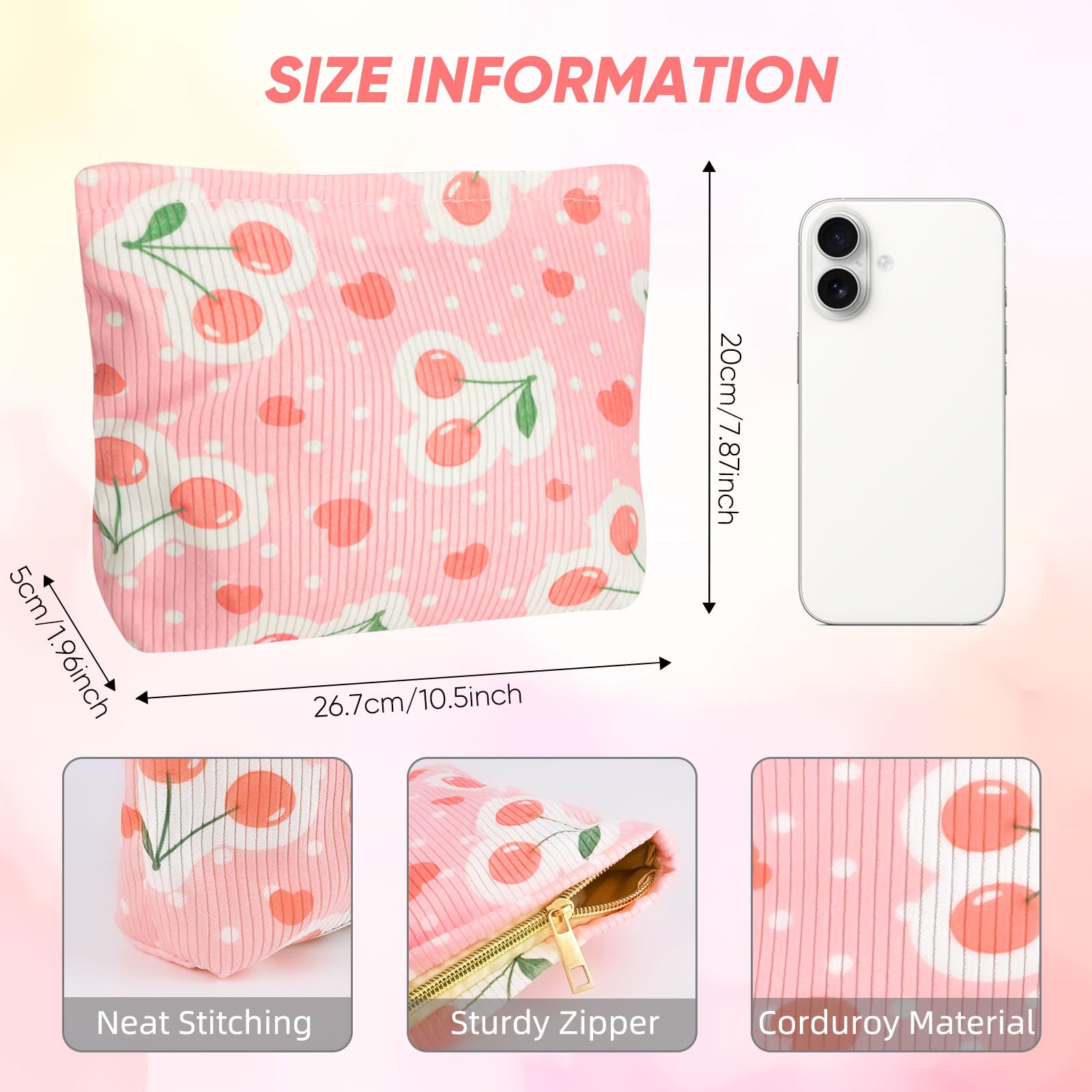 Ksriylm Cute Cherry Makeup Pouch for Women Red Heart Small Make Up Bag for Purse Zipper Initial Makeup Cosmetic Bags Pouches for Purse Aesthetic Travel Toiletry Bags, Pink Cherries Hearts