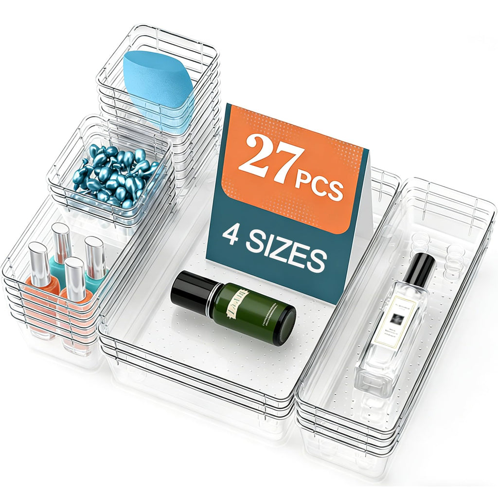 27 Pack Clear Plastic Drawer Organizer Set - 4 Sizes Makeup Vanity Organizer Chest of Drawers Storage Stackable Organizers Bins Divider Box for kitchens, Bedrooms, Bathrooms, Offices, Junk, Gadgets