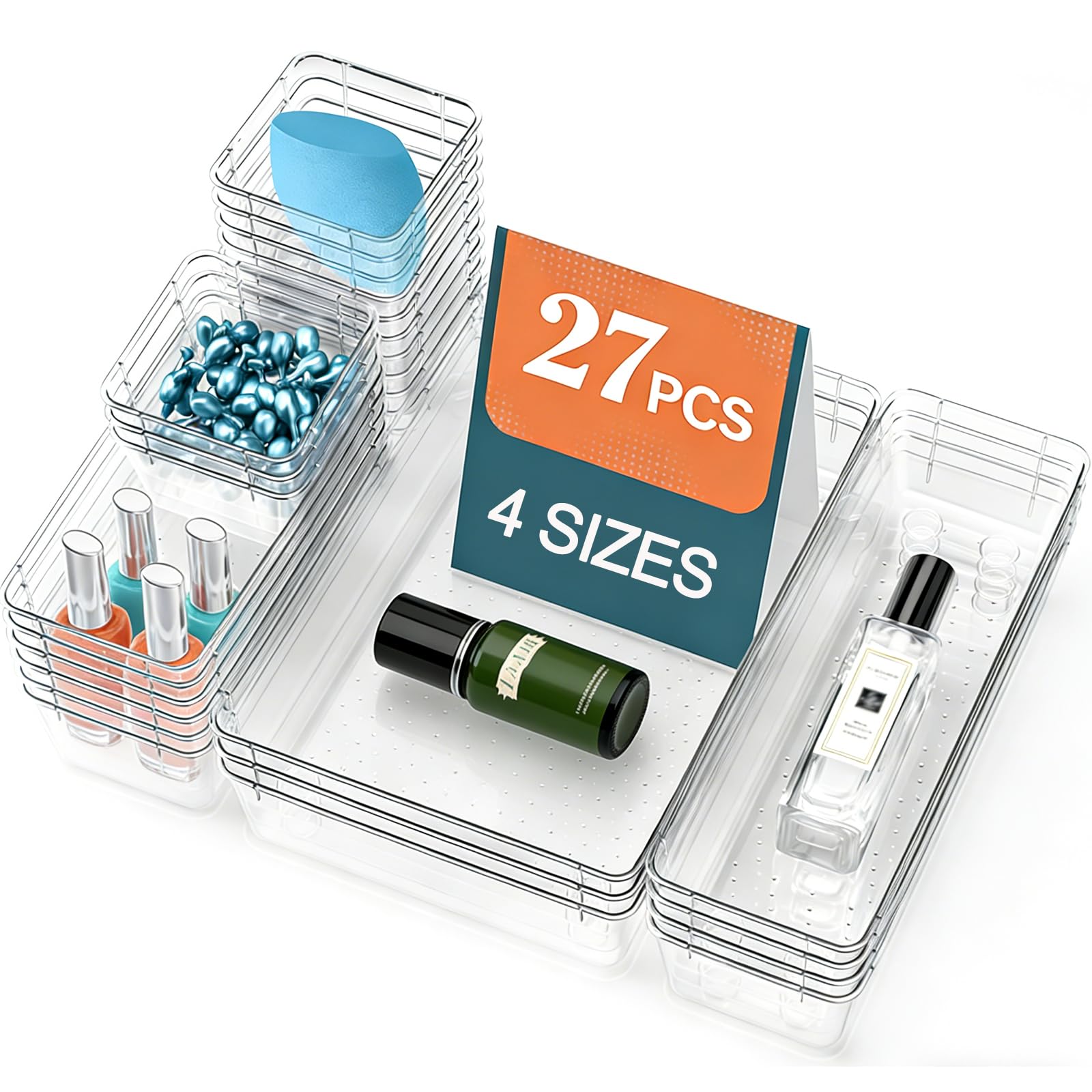 27 Pack Clear Plastic Drawer Organizer Set - 4 Sizes Makeup Vanity Organizer Chest of Drawers Storage Stackable Organizers Bins Divider Box for kitchens, Bedrooms, Bathrooms, Offices, Junk, Gadgets