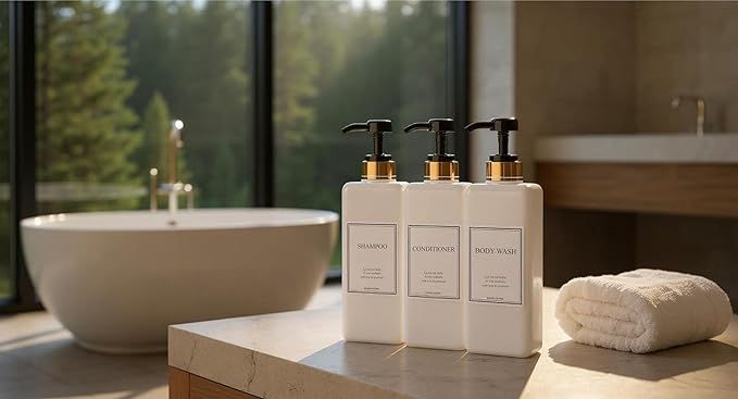 Modern Gold Design Shampoo and Conditioner Dispenser - Large 27oz Shower Soap Dispenser, Set of 3 Refillable Empty Plastic Pump Bottles for Bathroom and Body Wash (6 Waterproof Labels Included), Black