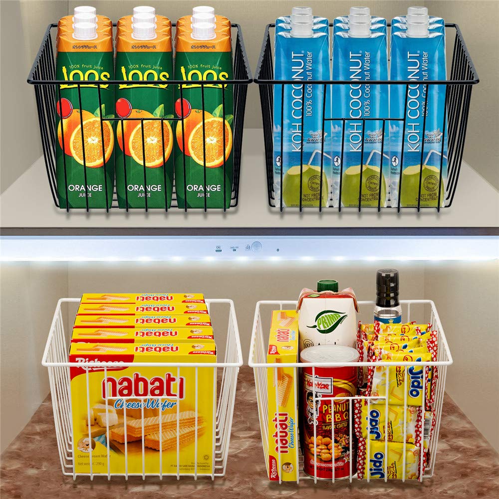 SANNO Black Closet Baskets Freezer Baskets Pantry Storage Wire Basket,Wire Basket Farmhouse Storage Organizer, Metal Household Storage Organizer Bin for Pantry Shelf Kitchen Cabinet Bathroom Black