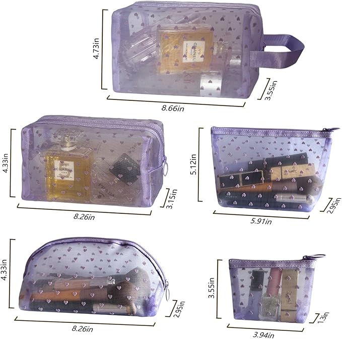 TRAKWAN 5-Piece Heart Printed Mesh Makeup Bag Set, Portable Travel Cosmetic Bags Toiletry Bags Purse Bags Makeup Bags Zipper Mesh Storage Pouches for Home Offices Travel Accessories (Purple)