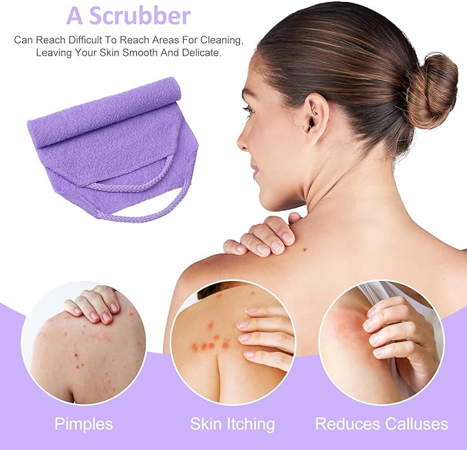DOPENSPI 4PCS Exfoliating Back Scrubber with Handles, Nylon Double-Sided Exfoliator Extended Length Stretchable Body Exfoliating Washcloth Pull Strap Back Washer for Women Men(B)