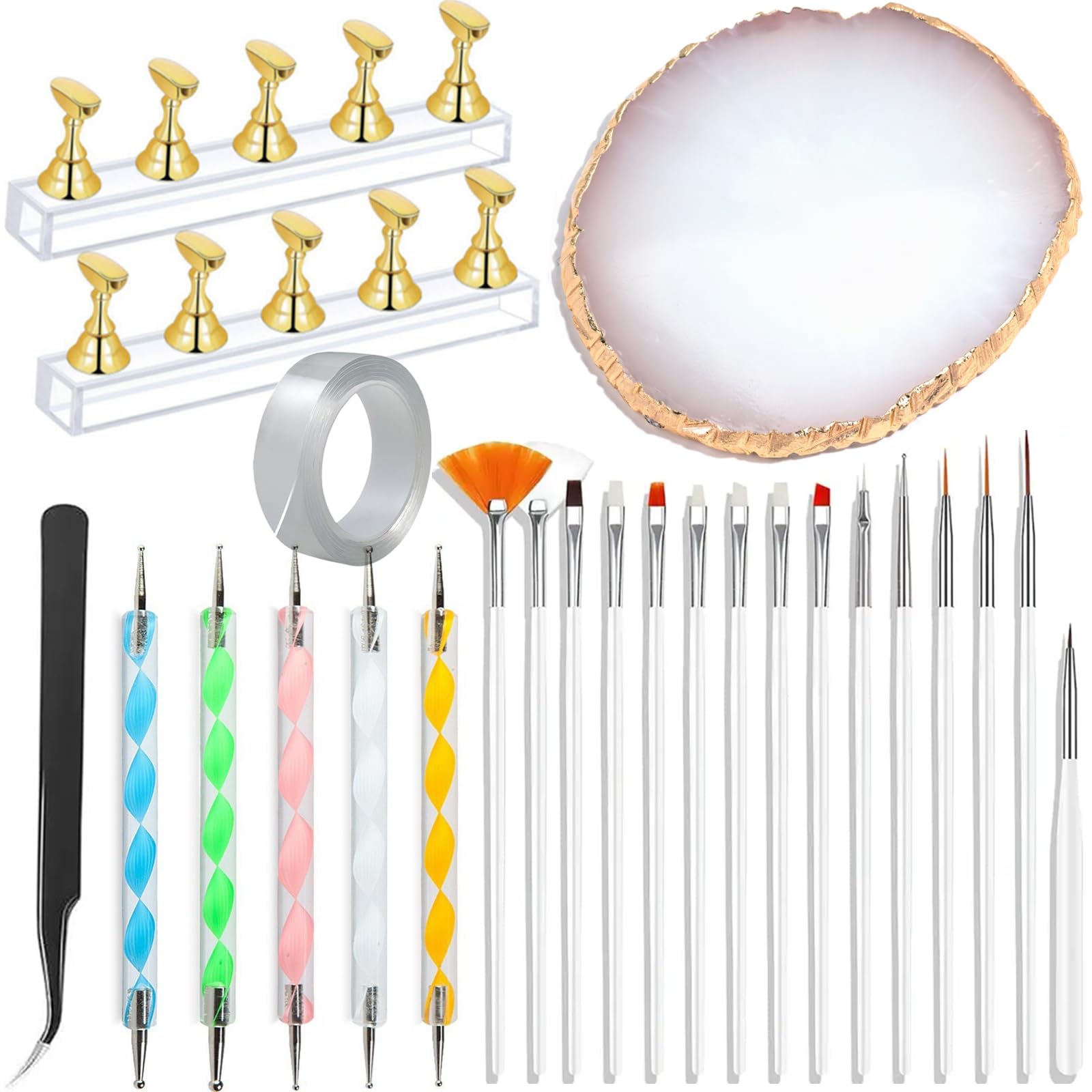 24 Pieces Nail Art Tools Kit Resin Nail Art Palette Acrylic Silicone Engraving Pen Dotting Pen Mixing Palette Detail Brushes Tools for Nail Art DIY Home Salon Makeup Display (Gold)