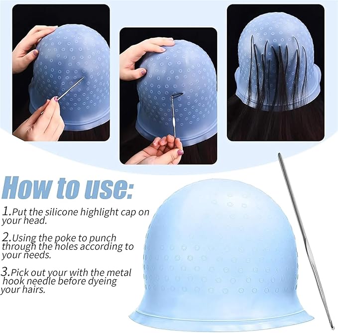 Highlight Cap Hair Coloring Highlighting Cap Reusable Silicone Highlight Cap Pull Through Caps for Hair Dying Frosting Cap with Hook(White)
