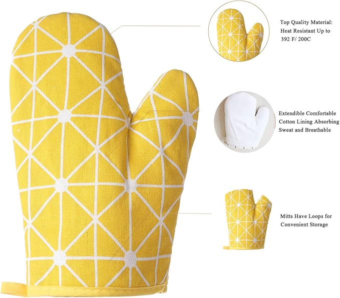 Win Change Oven Mitts and Potholders BBQ Gloves-Oven Mitts and Pot Holders with Recycled Infill Silicone Non-Slip Cooking Gloves for Cooking Baking Grilling (4-Piece Set,Yellow)