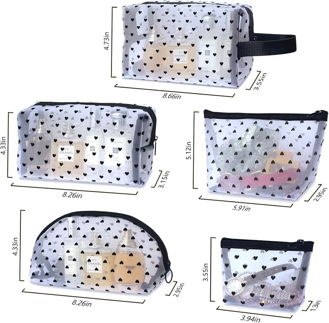 TRAKWAN 5-Piece Heart Printed Mesh Makeup Bag Set, Portable Travel Cosmetic Toiletry Purse Bags, Zipper Storage Pouches for Home Offices Travel Accessories (White)
