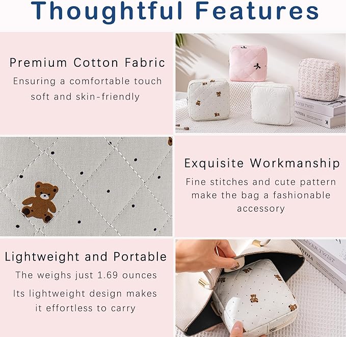 RSRSLEII Small Quilted Cosmetic Pouch for Purse, Mini Cotton Makeup Bag with Compartments, Cute Zipper Lipstick Holder for Women (15Dot Bear)