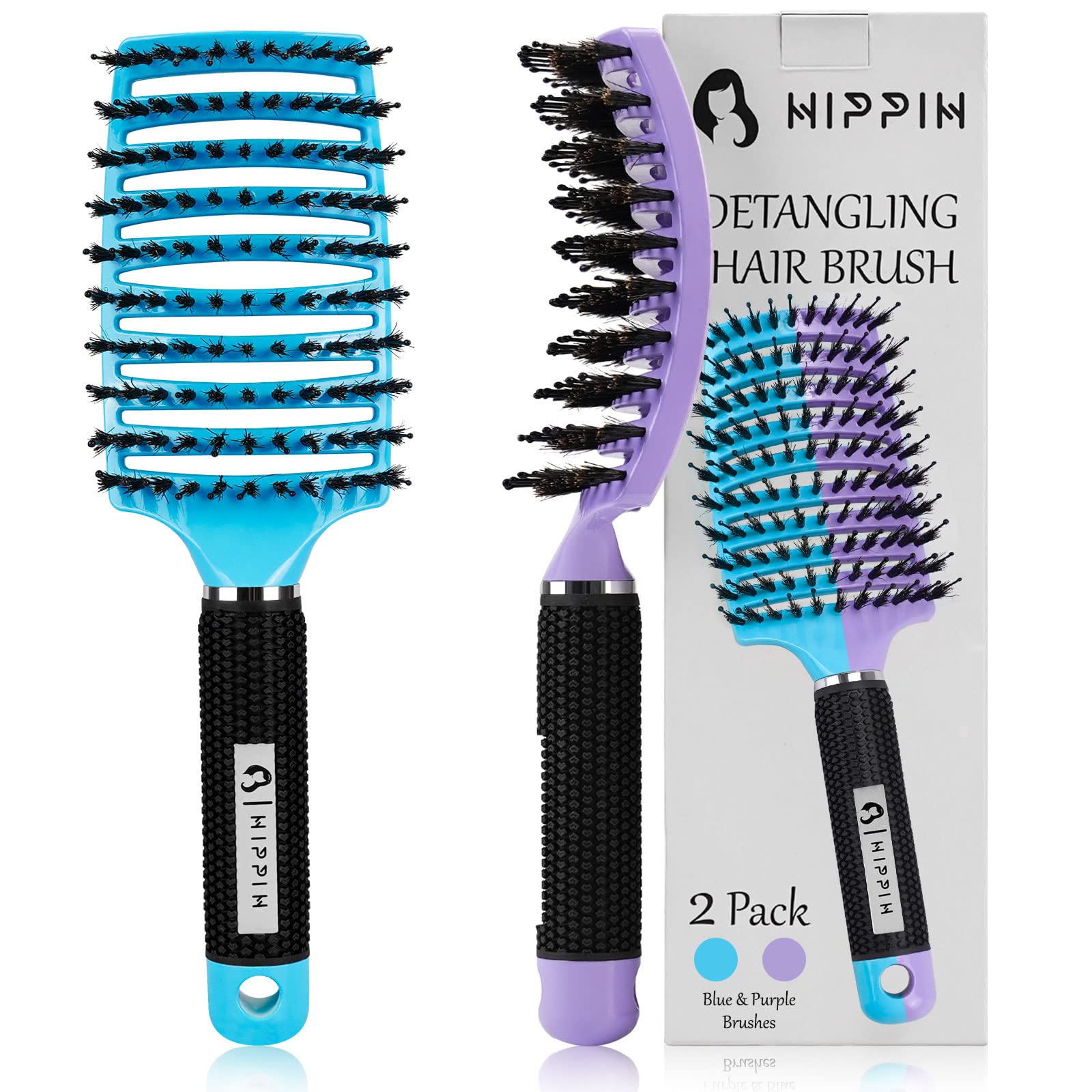 Boar Bristle Hair Brush Set of 2, HIPPIH Wet & Dry Hair Brushes Made by Fine Natural Boar Hair Can Adds Shine and Smoothing, Detangling Hairbrush for Women, Men & Kids' Long Curly Thick Hair