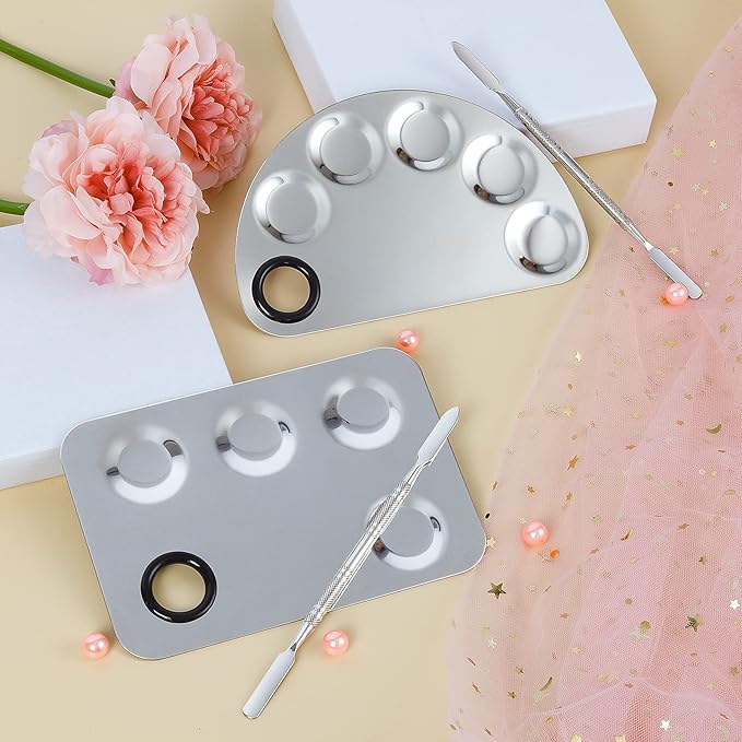 Penugo Professional Stainless Steel Makeup Palette,2 Pieces Cosmetic Palette with Spatula Tool, Nail-art Mixing Palette for Cosmetic Pigment Blending