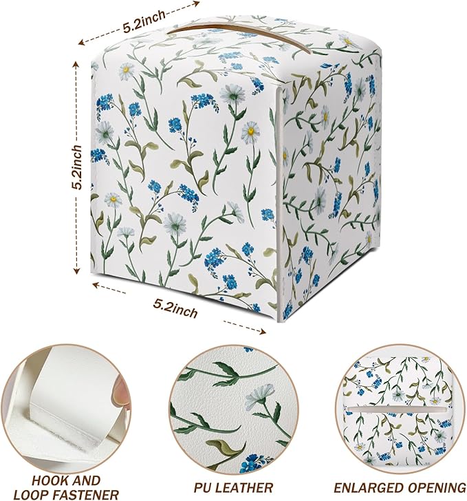 Dasiy and Blue Floral Tissue Box Cover Square with Bottom Belt, Leather Waterproof Tissue Holder Facial Paper Case for Tabletop Home Office Bathroom Car Decor -01