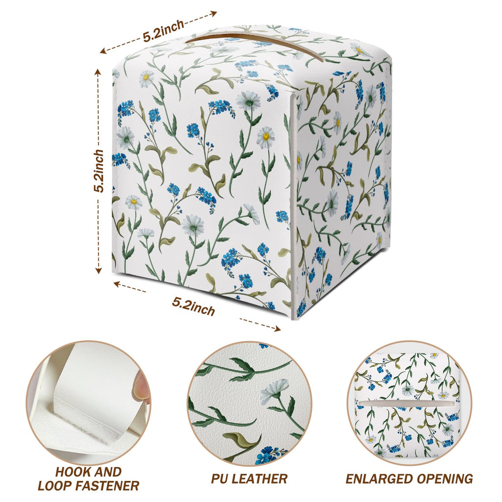 Dasiy and Blue Floral Tissue Box Cover Square with Bottom Belt, Leather Waterproof Tissue Holder Facial Paper Case for Tabletop Home Office Bathroom Car Decor -01