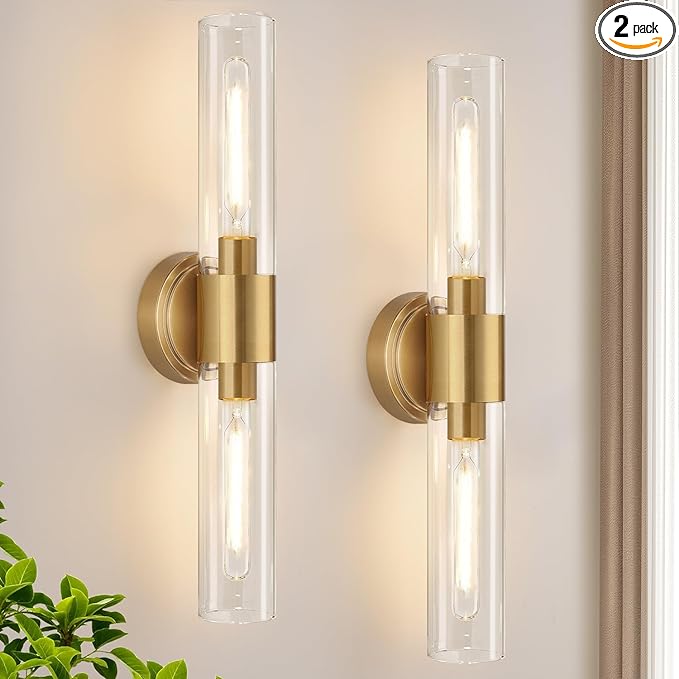 Wall Sconces Set of Two, Brushed Gold Bathroom Sconces Wall Lighting with Clear Glass, Hardwired Modern Sconces Wall Decor Set of 2 for Bathroom Mirror Bedroom Living Room Hallway