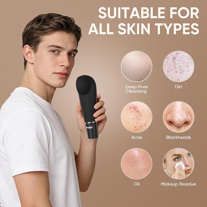 Stepcare Silicone Face Scrubber Blackhead Scraper Rechargeable 2-in-1 Facial Cleansing Brush & Skin Spatula Duo, IPX7 Waterproof Exfoliating Massager Deep Cleansing for Women and Men(Black)