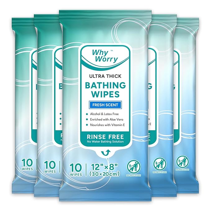 WhyWorry Bathing Wipes for Adults Rinse Free, 8"x12" Fresh Scent, 50 Count