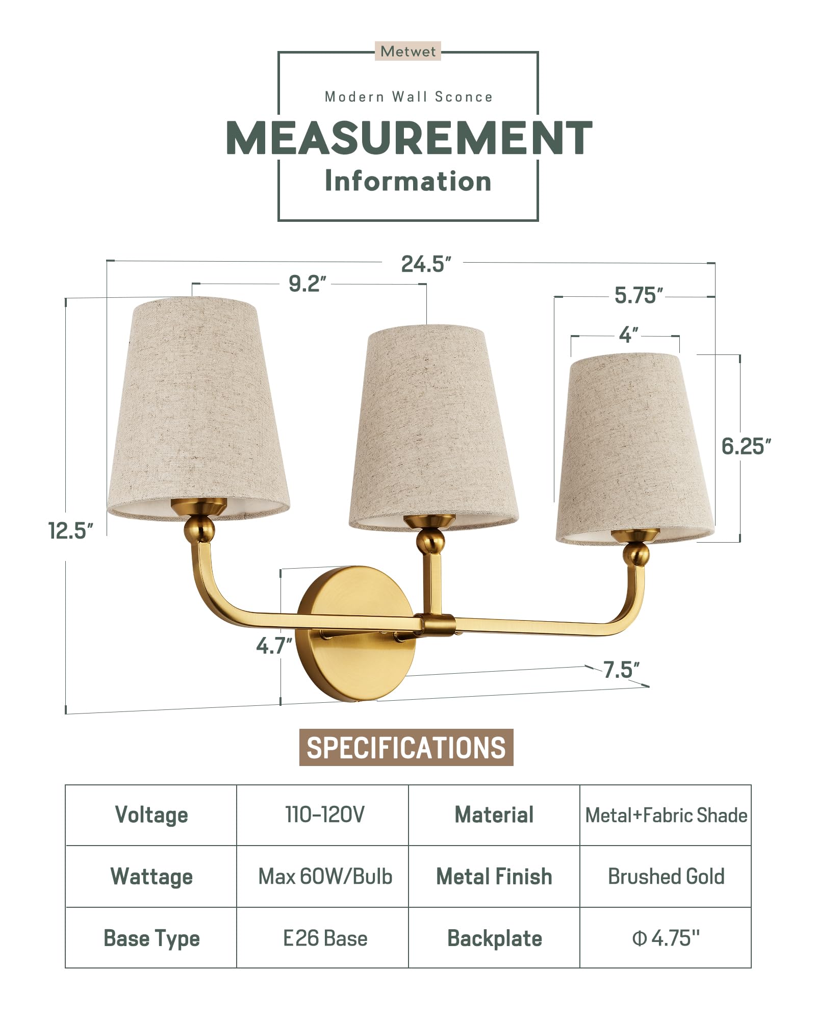 METWET 3-Light Brushed Gold Bathroom Vanity Light, Brown Linen Fabric Shade