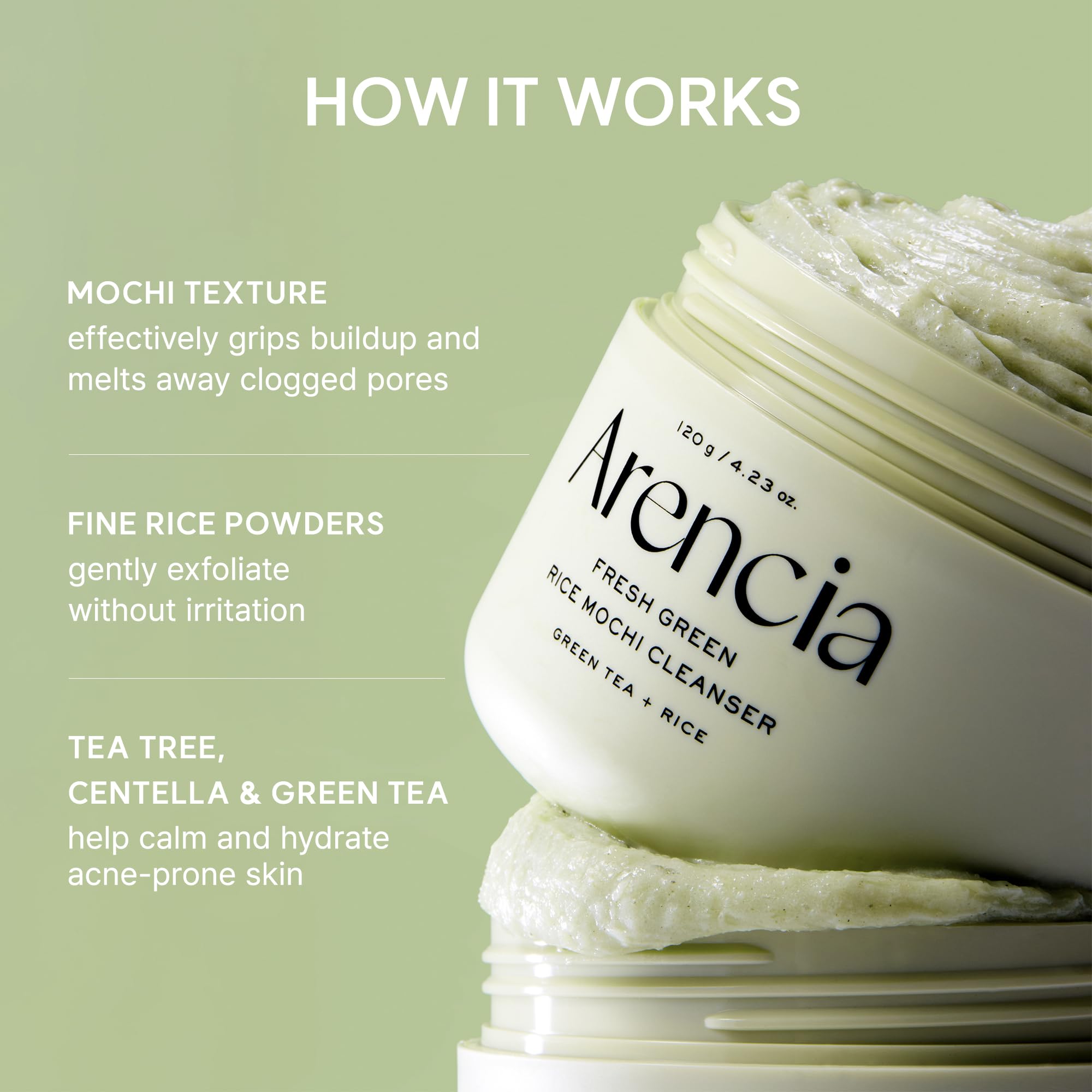 Arencia Korean Rice Mochi Face Cleanser - Face Wash, Gentle Scrub All in One for Deep Cleansing, Moisturizing, Pore Minimizing with Rice Water & Green Tea (4.23oz)