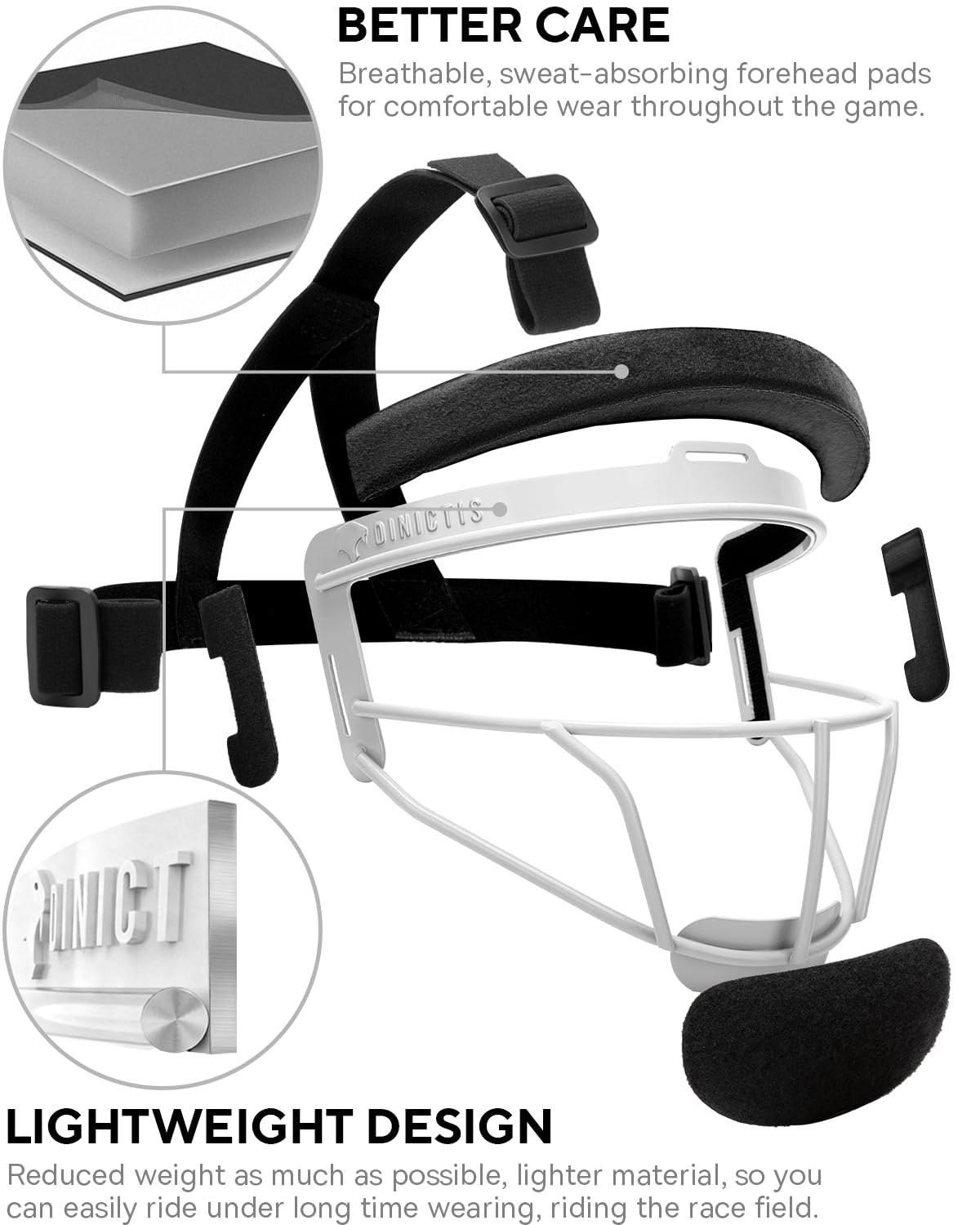 Dinictis Softball Face Mask, Lightweight, Comfortable, with Wide Field Vision, Durable and Safe Face Guards, Premium Protective Softball Fielder's Mask-White-Child(S)