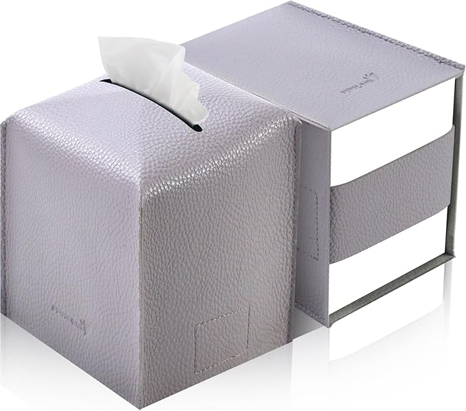 PENGLONG Tissue Box Cover 5X5X5'' PU Leather Tissue Holder Square Tissue Cube Box Organizer for Bathroom Vanity Countertop, Car, Night Stands, Office, Home, Kitchen (2Pack, Light Bray Purple)