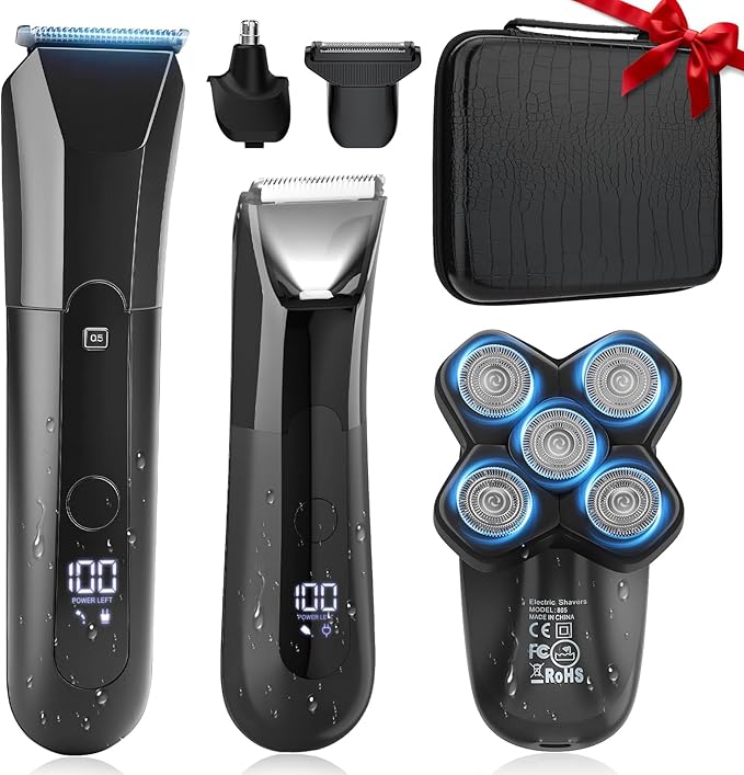 QREEYX Beard Trimmer for Men Groin & Body Hair Trimmer, Nose & Ear Clipper Head Razors for Bald Men, 5 in 1 Waterproof Manscape Kit with Travel Case, LED Display, Grooming Kit Gift for Him