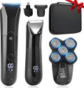 QREEYX Beard Trimmer for Men Groin & Body Hair Trimmer, Nose & Ear Clipper Head Razors for Bald Men, 5 in 1 Waterproof Manscape Kit with Travel Case, LED Display, Grooming Kit Gift for Him