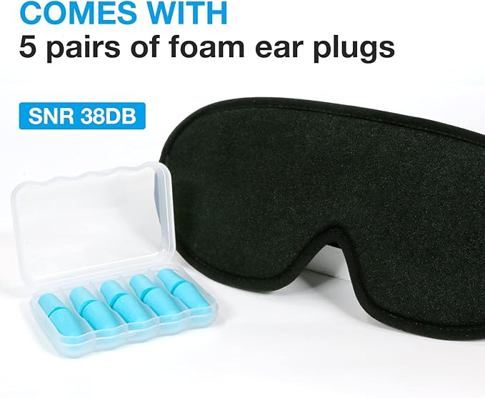 LYSIAN 3D Sleep Mask for Side Sleepers, Blackout Eye Mask with No Pressure on Eyes, Adjustable Comfortable Blindfold with 5 Pairs of Ear Plugs for Sleeping, Travel, Nap, Black