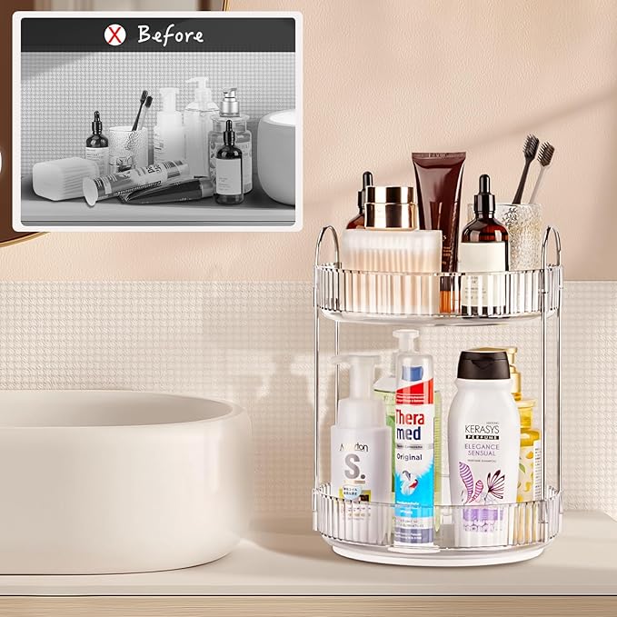Niluks 360 Rotating Makeup Organizer, 2 Tier Lazy Susan Bathroom Counter Organizer, Skincare Organizers, Spinning Perfume Organizer & Vanity Organizer Countertop (Silver Clear, 2 Tier)