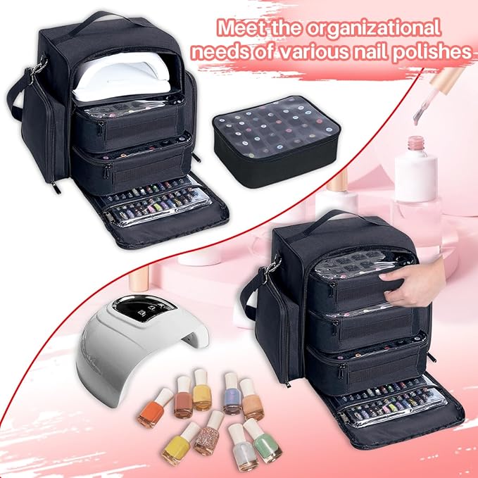 UOZL Nail Polish Organizer Case Hold 90 Bottles with 3 Detachable Bag,Black