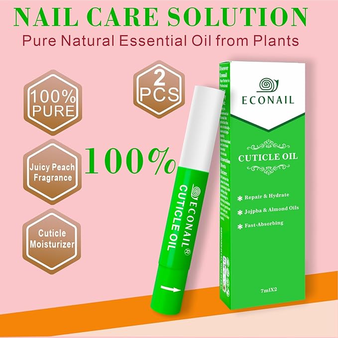 Econail Cuticle Oil Pen x2 pcs, Nourishing Jojoba & Peach Scent for Enhanced Nail Growth and Strength, Portable Nail Oil Care （7mlx2）