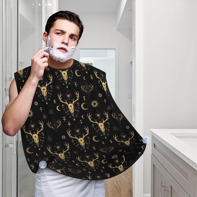 Beard Trimming Catcher Apron, Waterproof Non-Stick Grooming Bib for Shaving, Ideal for Men Dad Father’s Day, Dark Gothic Sun Moon Hunting Camo Deer Skulls Shave Bib