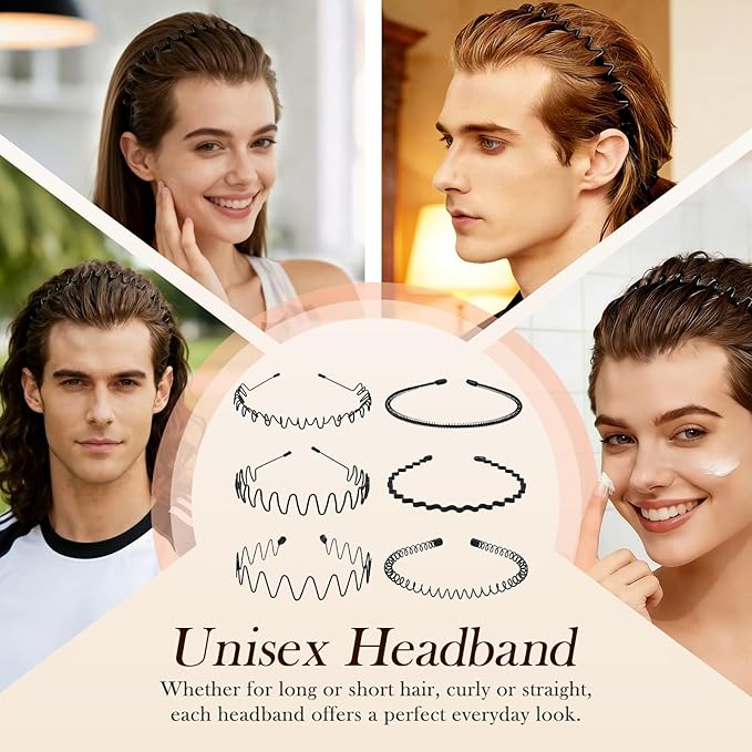 Metal Headband for Men, Wire Headbands for Women, Adjustable Unisex Hair Band with Wavy Design, Black Elastic Sports Headband for Daily Use, Outdoor Sport & Gifts (2PCS)