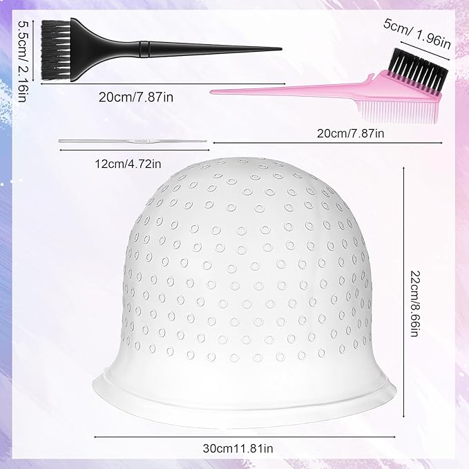 Silicone Highlight Hair Cap with Brushes and Needle, Professional Reusable Highlighting Poked Hole Hooks for Color Hair Salon Hairdressing Dyeing Staining Tools for Women Men