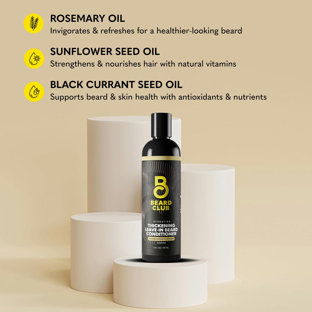 The Beard Club Thickening Leave-In Beard Conditioner for Men – Sandalwood & Ginger Cream – Hydrating Moisturizer, Softener & Lotion – Nourishes, Strengthens & Provides Itch Relief – 4oz