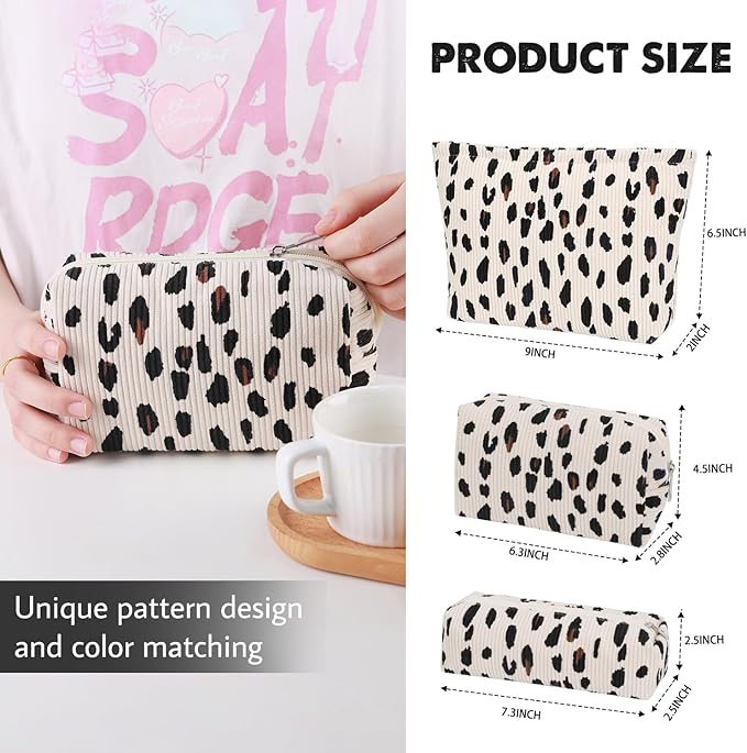 Gocvo 3 Pcs Makeup Bag Cosmetic Bag Set for Girls Women Travel Organizer Bathroom Toiletry Pouch Large Capacity Storage Bag (Leopard Beige)