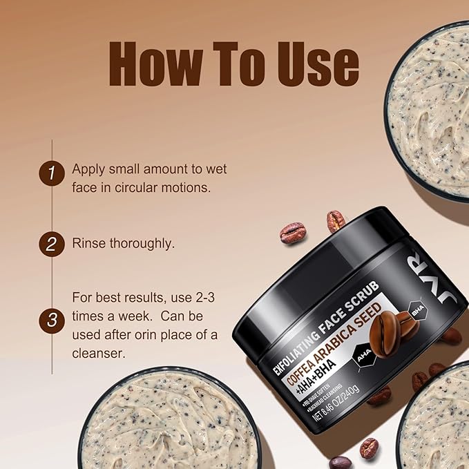 JVR Face Scrub for Men, Facial Scrub for Deep Exfoliating, Cleansing Blackheads, Ingrown Hair, Pre-shave Soften, Organic Formulated with Coffee Extract, AHA and BHA Face Exfoliator (8.46 oz)