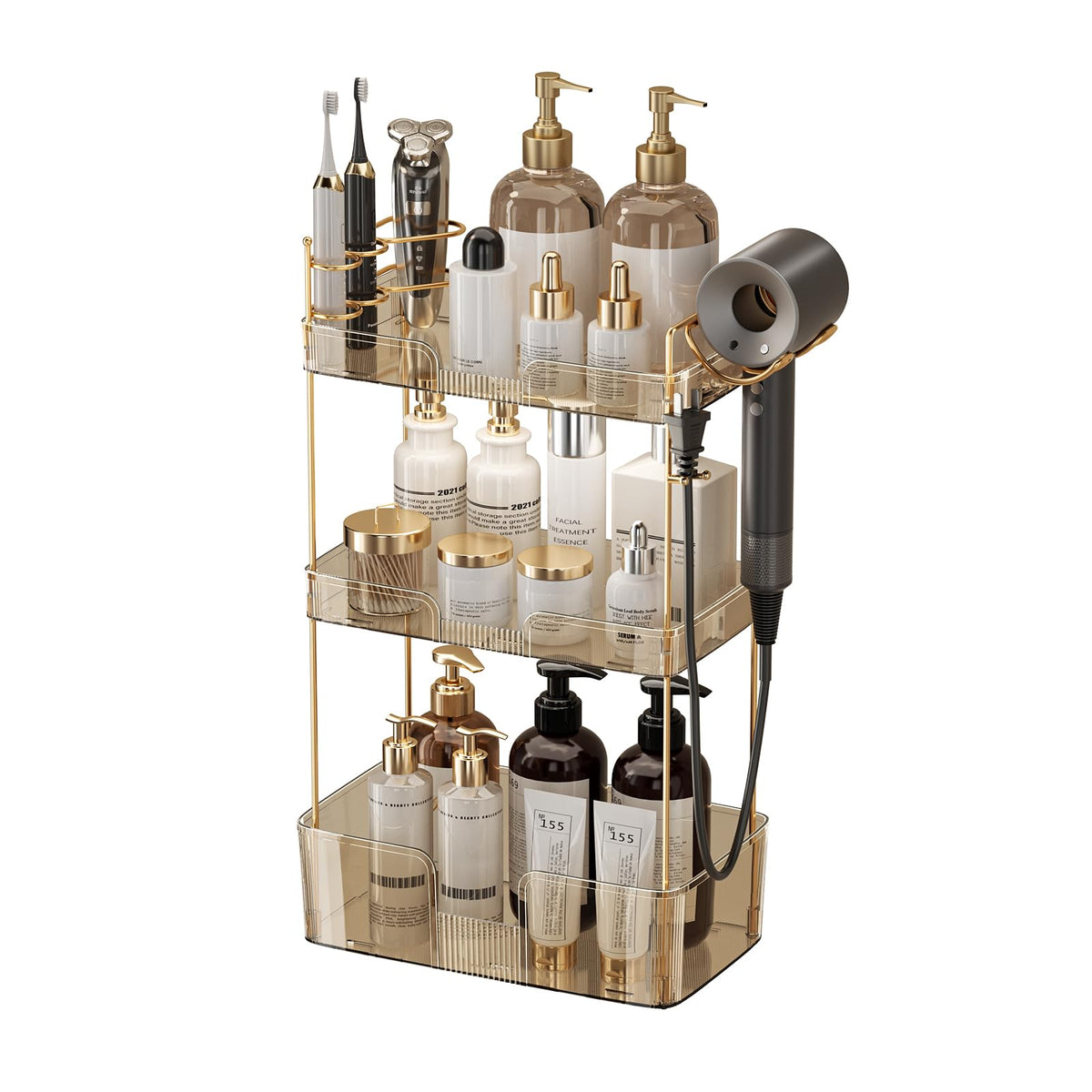YCIA&DONE Luxury Bathroom Counter Organizer, Large Makeup Organizer Countertop, Shelf Organizer, Vanity Tray, Easily Assemble for Bathroom Organizers and Storage, Undersink, Cabinet,3 Tiers Amber