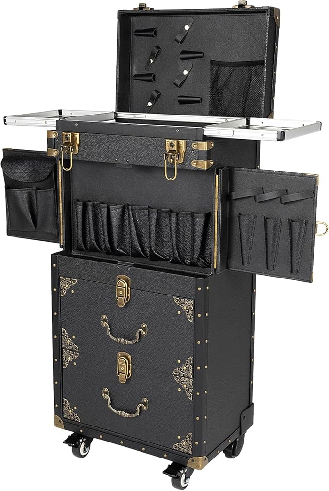 UIdili Rolling Makeup Train Case with Drawer, Lockable Hairstylist Traveling Case Stylist Storage Trolley, Beauty Salon Cosmetic Luggage Travel Organizer Tool Box with Hair Dryer Holder