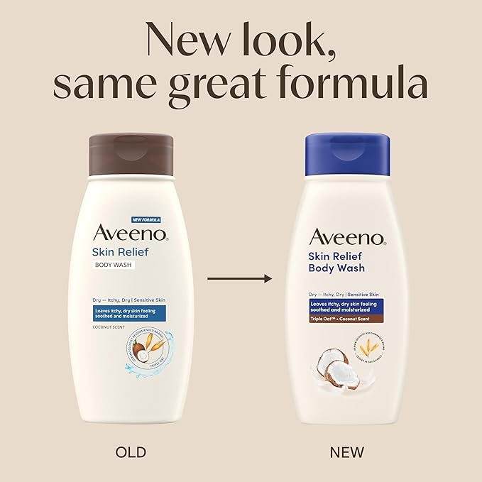 Aveeno Skin Relief Body Wash for Dry Skin, Gentle Coconut Scent and Soothing Triple Oat Formula, Moisturizing Body Wash Leaves Itchy, Dry Skin Cleansed & Feeling Soothed & Moisturized, 18 Fl Oz