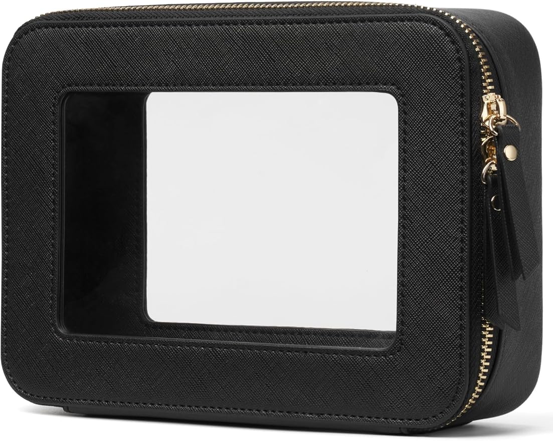 Popvibe Clear Makeup Case Black Toiletry Bag Travel Medium Clear Cosmetic Bag with Zipper, Small Make Up Bag Organizer Traveling TSA Approved Transparent Bag Car for Essentials