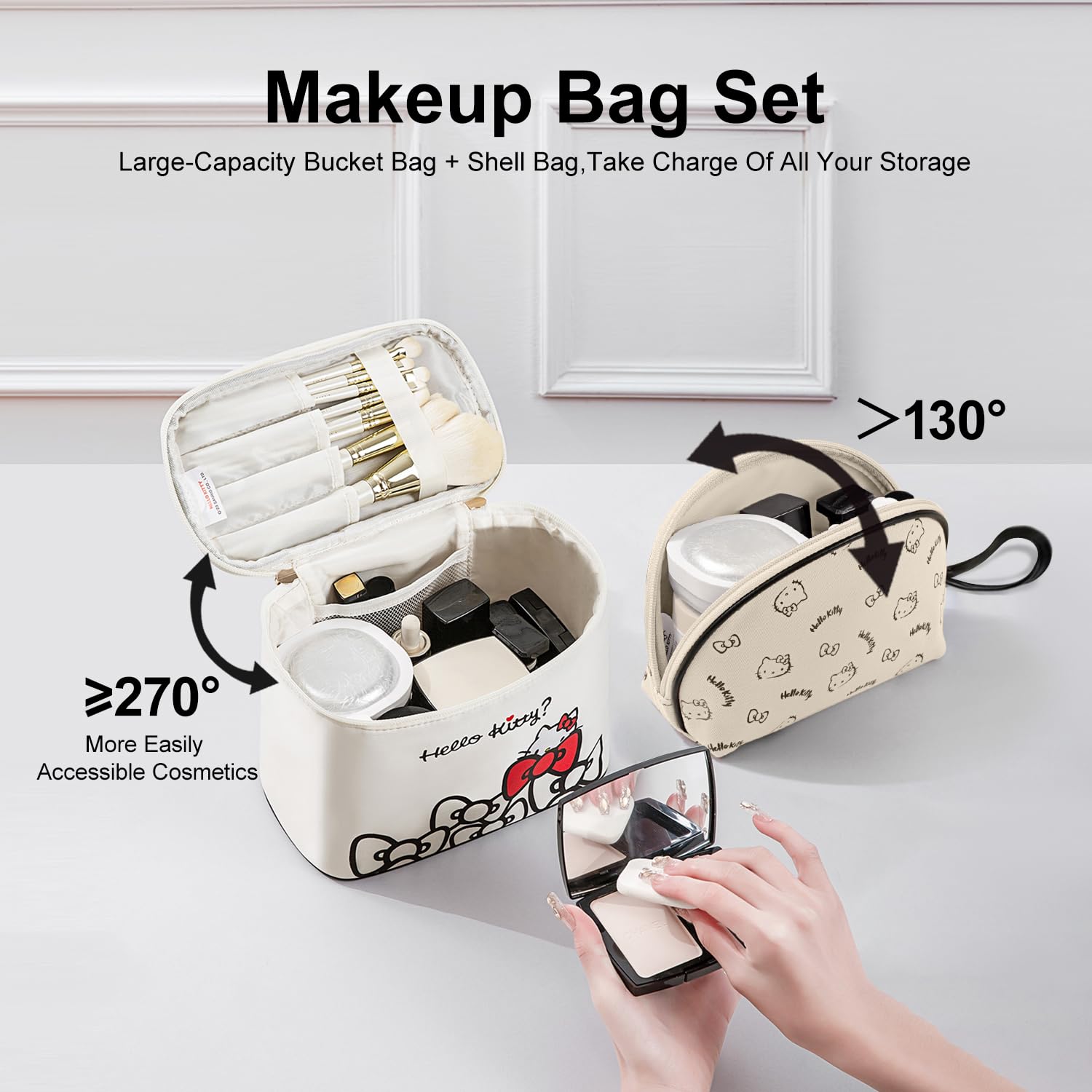 Vimanllie Travel Makeup Bag Large Cosmetic Bags with Brush Holder,Beige 2PCS Portable Cosmetic Case for Women,Portable Toiletry Bag for Girls
