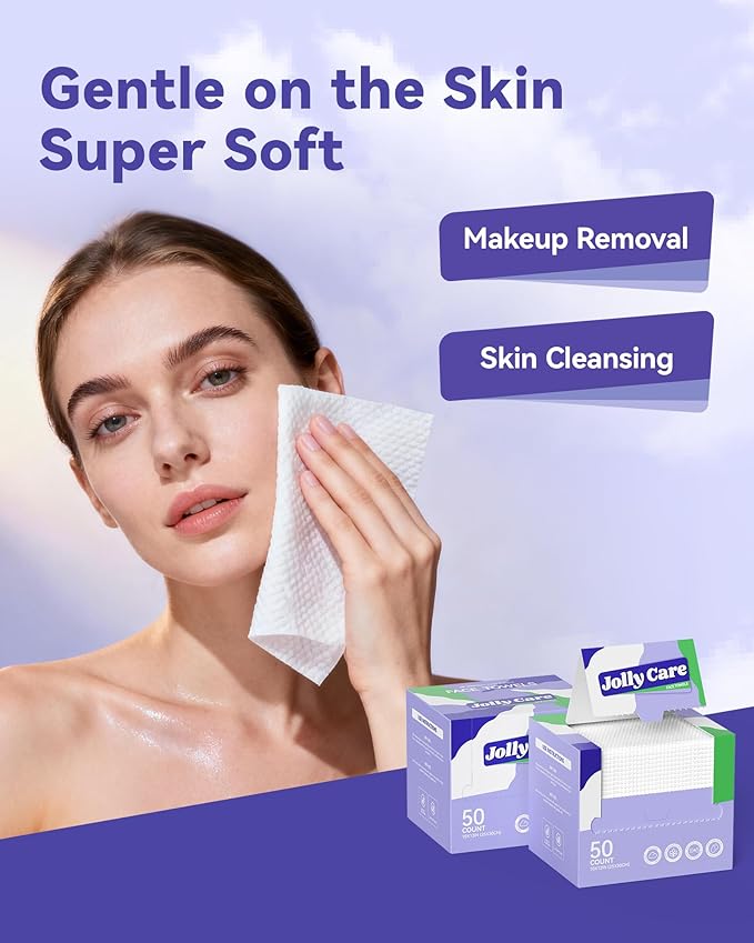 Jolly Care Disposable Face Towels, 10"×12" XL Face Towelette Disposable, Soft Makeup Remover Dry Wipes, Thick Facial Tissue for Women Cleansing, Skin Care, 50 Count (2 Pack)