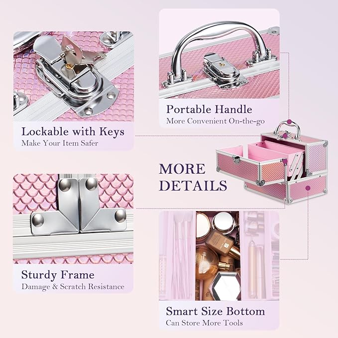 FRENESSA Makeup Train Case 8.85 Inch Portable Makeup Case Organizer Cosmetic Box Make Up Box Makeup Organizer Cosmetic Storage Cases with Locking Nail Kit Organizer Small Travel Case Mermaid Pink