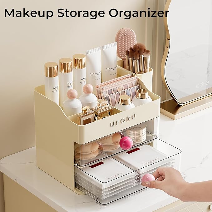 UFORU Makeup Organizer for Vanity with Brush Holder, Countertop Skincare Organizer with 2 Drawers, Spacious Cosmetic Display Case for Perfumes, Eyeshadow Palettes, Nail Polishes