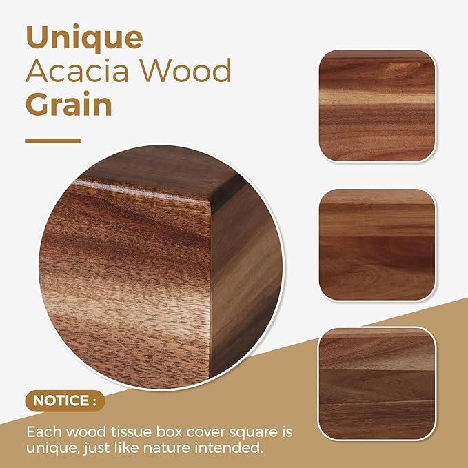 KALEKAIL Wood Tissue Box Cover， Acacia Wood Tissue Box Cover Square, Decorative Cube Facial Wooden Tissue Box Holder with Slide-Out Bottom for Bathroom, Bedroom, Dinner Table, Office, Kitchen