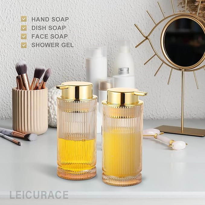 Glass Liquid Soap Dispenser, Refillable Liquid Dispenser with Gold Pump, Hand Soap Dispenser for Bathroom Kitchen, Modern Home Bathroom Kitchen Decor （Liquid Type/Gold）