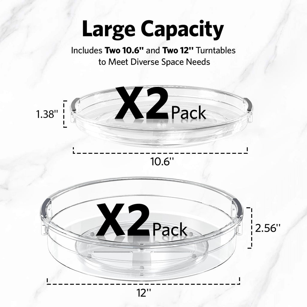LAMU 4 Pack Lazy Susan Organizer, Clear Lazy Susan Turntable for Cabinet, Refrigerator, Table Top, Kitchen, Bathroom, Pantry Organizers and Storage, 2 Sizes Included 12in, 10.6in