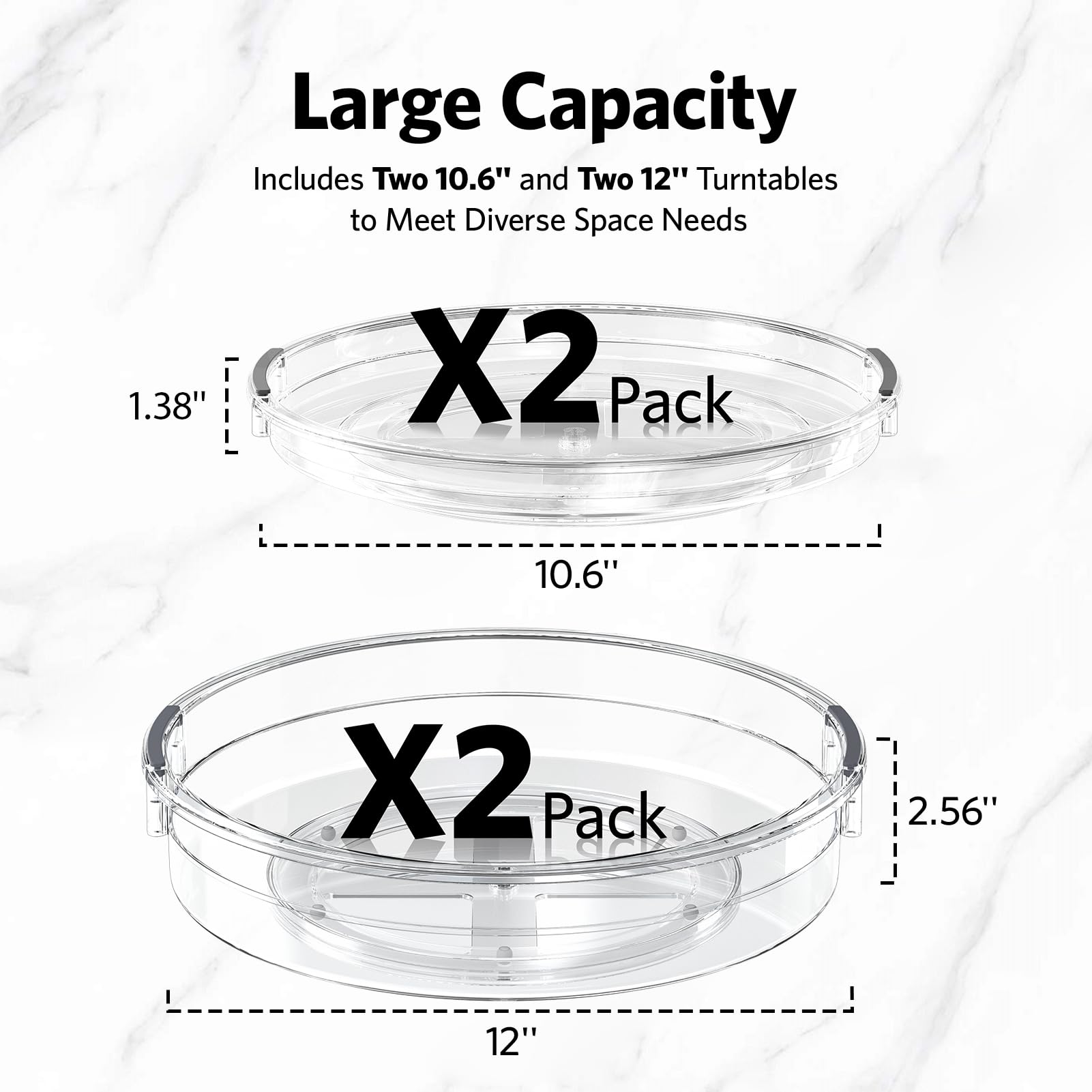 LAMU 4 Pack Lazy Susan Organizer, Clear Lazy Susan Turntable for Cabinet, Refrigerator, Table Top, Kitchen, Bathroom, Pantry Organizers and Storage, 2 Sizes Included 12in, 10.6in