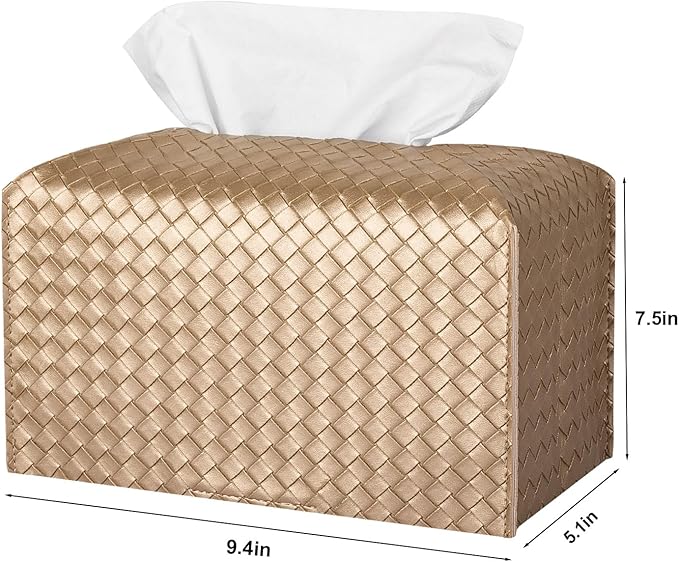 Tissue Box Cover PU Leather Tissue Holder Square Facial Tissue Case Facial Paper Organizer Dispenser for Bathroom, Vanity Countertop, Tabletop, Car, Rectangle, Gold